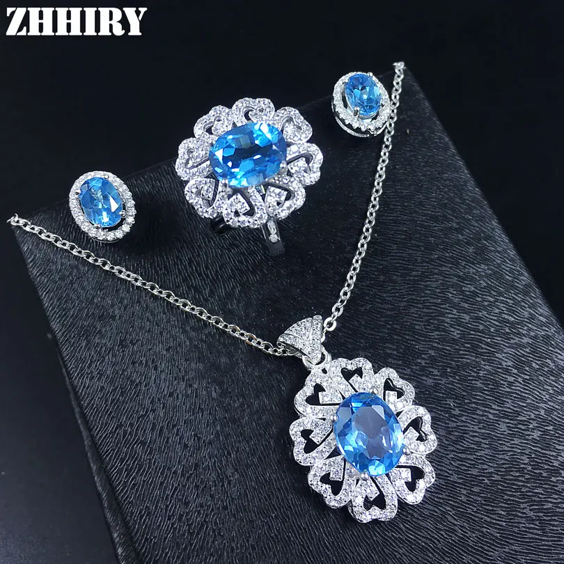 

Women Natural Blue Topaz Gem Jewelry Set Solid 925 Sterling Silver Genuine Stone Necklace Earrings Ring Pendant