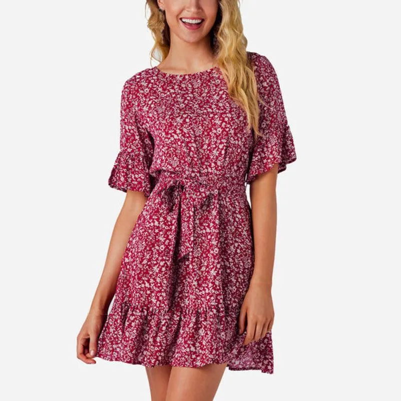 Вики Для женщин Лето BOho платье леди цветок печатных лук Васит короткий рукав
