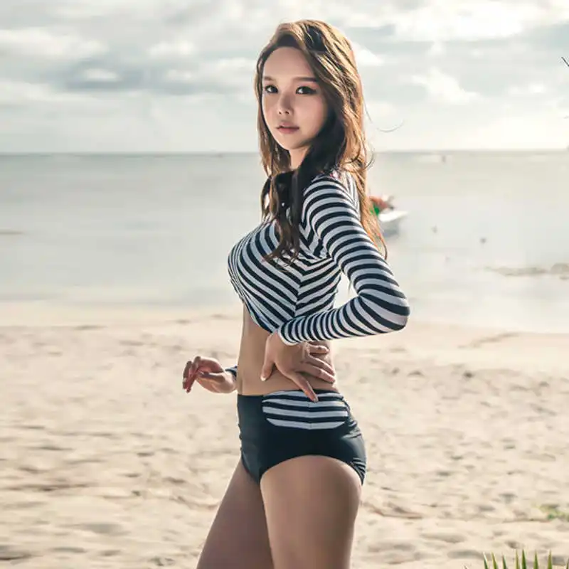 Высокая шея Rash Guard 2019 Для женщин купальник из двух частей Одежда с длинным рукавом