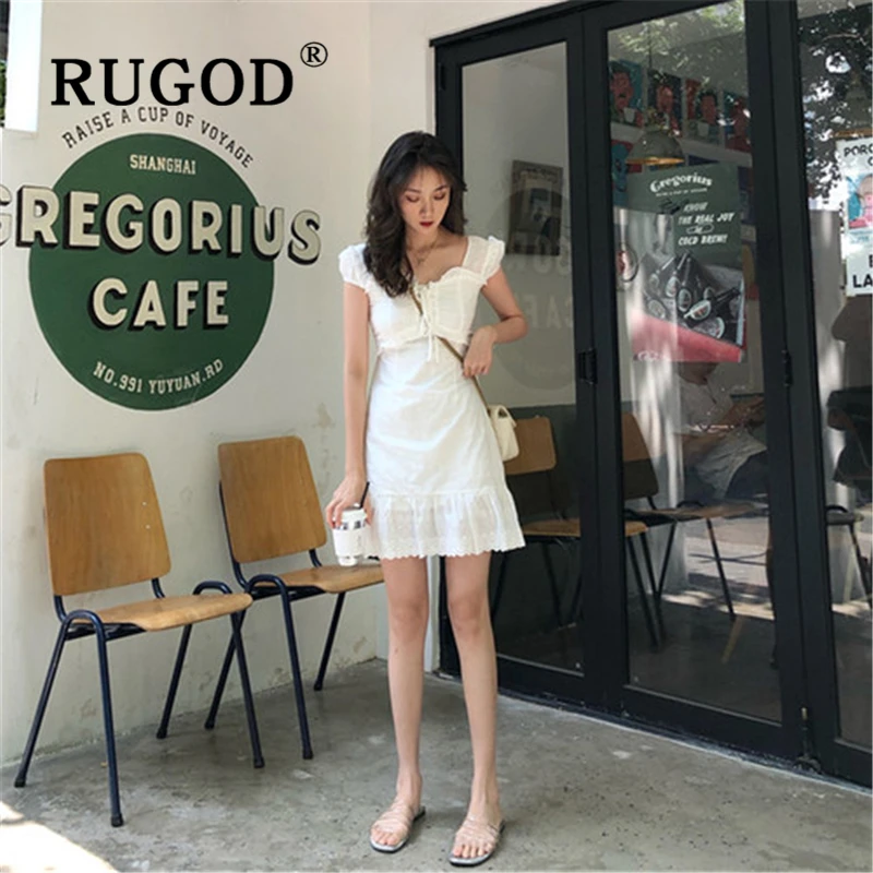 RUGOD элегантное кружевное женское платье с пышными рукавами, корейское шикарное мини-платье на шнуровке, модное белое летнее платье vestidos