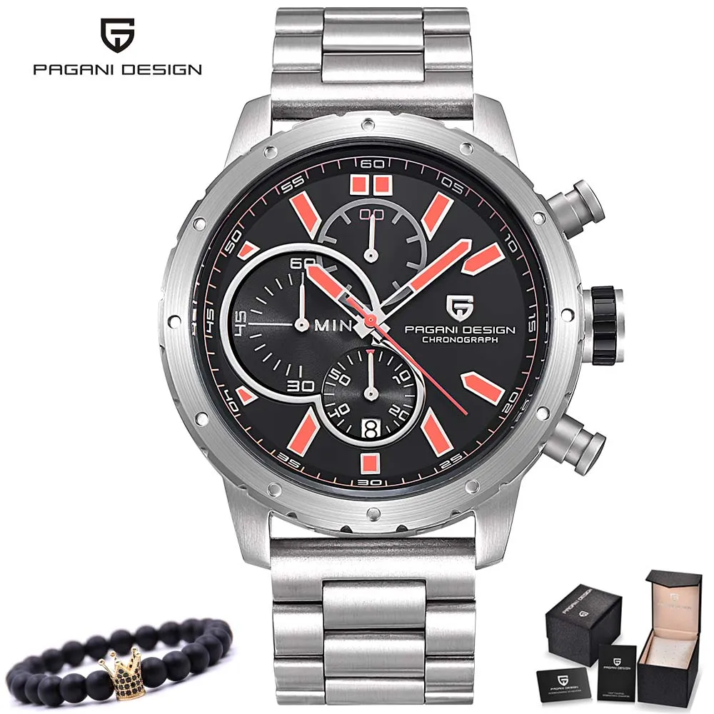 steel silver black PAGANI дизайнерские Роскошные Брендовые мужские часы с хронографом водонепроницаемые спортивные кварцевые наручные часы мужские кожаные военные часы мужские часы - Цвет: steel silver black