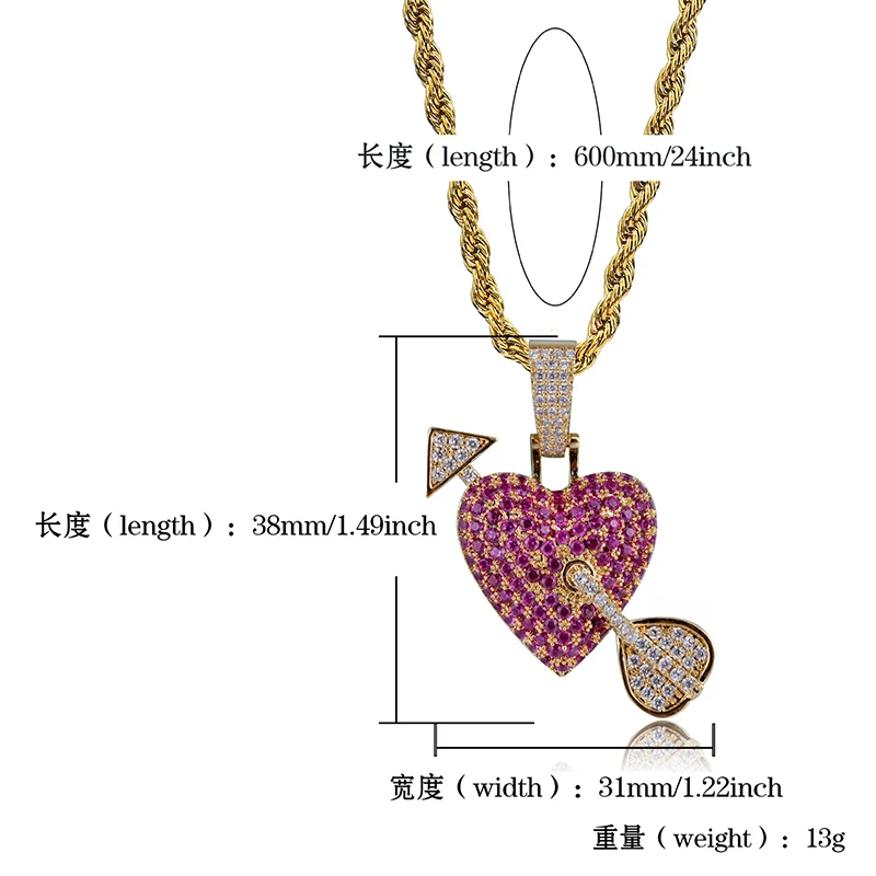 Хип-хоп Bling лед из, микро проложили Красный AAA CZ камень блестящие Амур Стрелка Кулоны в форме сердца ожерелья Для мужчин женщи Модные украшения - Окраска металла: Gold