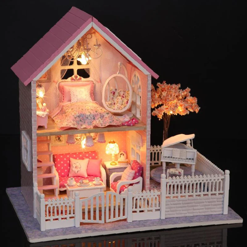 

New Brand DIY Wood Doll Houses Wooden Unisex Home Dollhouse Kits Kids Gifts Toy Furniture Miniature Crafts 27x19x25.5cm