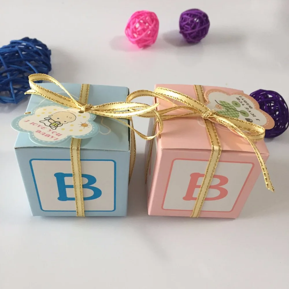 50pcs/pack DIY Pink Blue Lovely Shower Baby Candy Box Letter BABY Printed Gift Golden Ribbon Card for Kids Party Christmas|cards kids|card cardcard