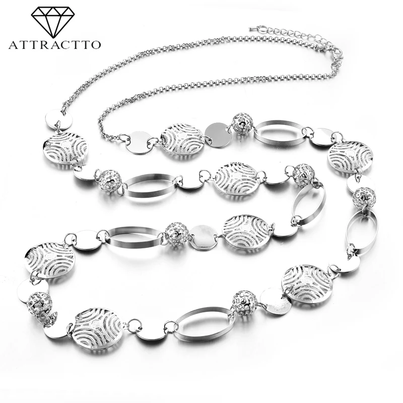 

ATTRACTTO Silver Statement Stainless Steel Necklace Pendants Charms For Women Dainty Chain Bohemian Jewelry Necklace SNE180013