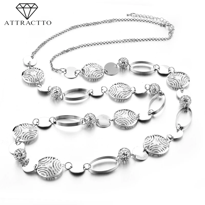 ATTRACTTO Silver Statement Stainless Steel Necklace Pendants Charms For Women Dainty Chain Bohemian Jewelry SNE180013 | Украшения и