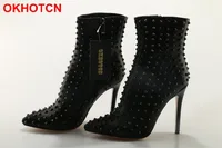 OKHOTCN Brand Designers 2019 New Spring Autumn Women Shoes Black High Heels Boots Studded Rivets Ankle Boots Thin Heel Size 42