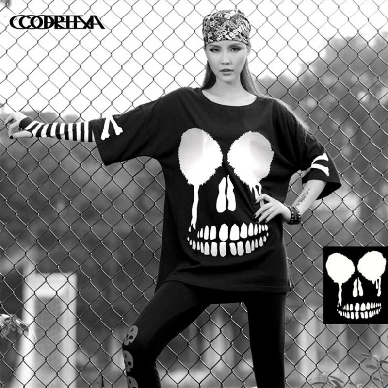 Women T-Shirt Summer Half sleeve Skull Print Cotton Female Hip-hop Loose New Fashion Casual Rock Punk style Tops Tees | Женская одежда