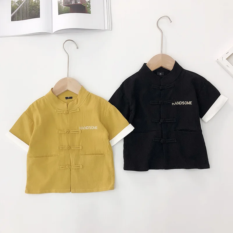 

Baby Boys Clothes Chinese Style Children's Cotton Shirt Tops Kids Boys Short Sleeve Tee Shirt Kids Boy 100% Cotton Button Shirts