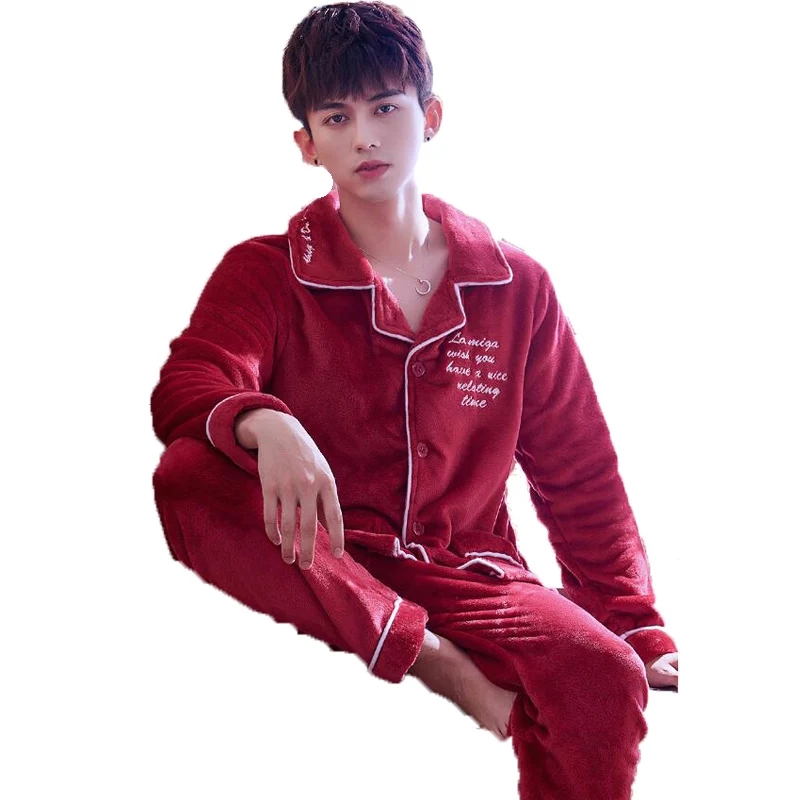 

Men's Pajamas Two Piece Set Plus Size Luxury Long Sleeve Thick Warm Flannel Cartoon Male Sleepwear Pyjama Homme Home Clothing