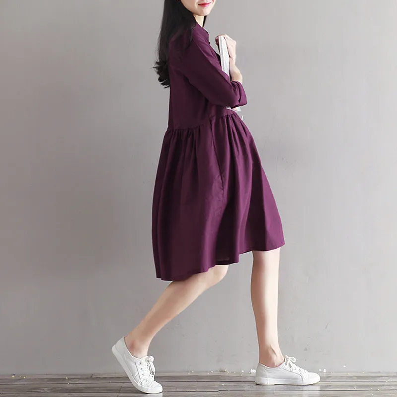 Женское платье трапеция из хлопка и льна с длинным рукавом|women autumn dress|a-line dressautumn