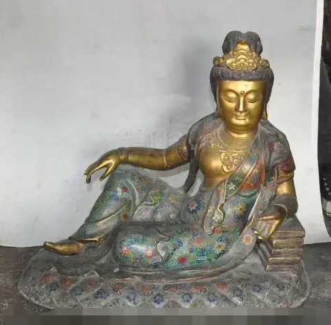 S3267 китайский буддийский клойсон эмаль бронзовая позолоченная книга Kwan Yin статуя