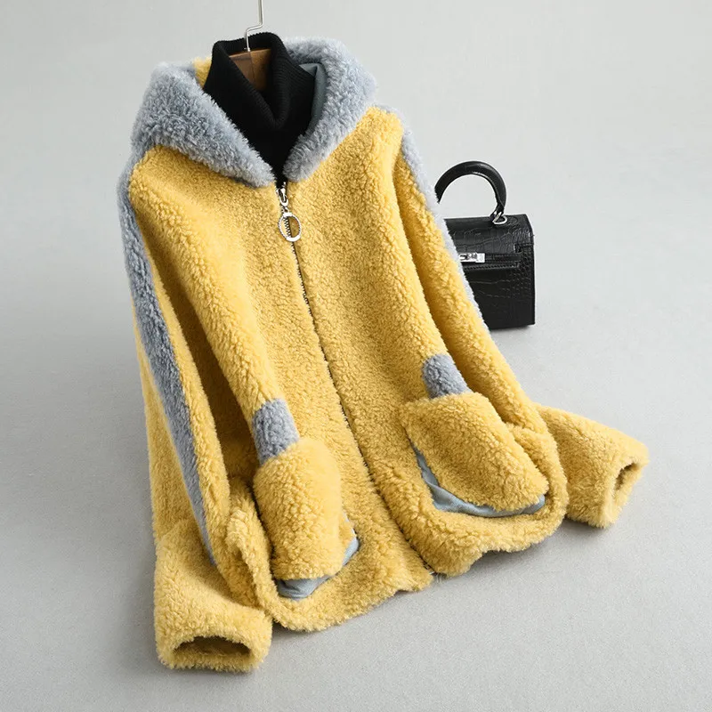 yellow AYUNSUE, пальто с натуральным мехом, Женская куртка, Осень-зима, Женская куртка с капюшоном, мех ягненка, корейские куртки, шерстяные пальто, Abrigo Mujer MY - Цвет: yellow