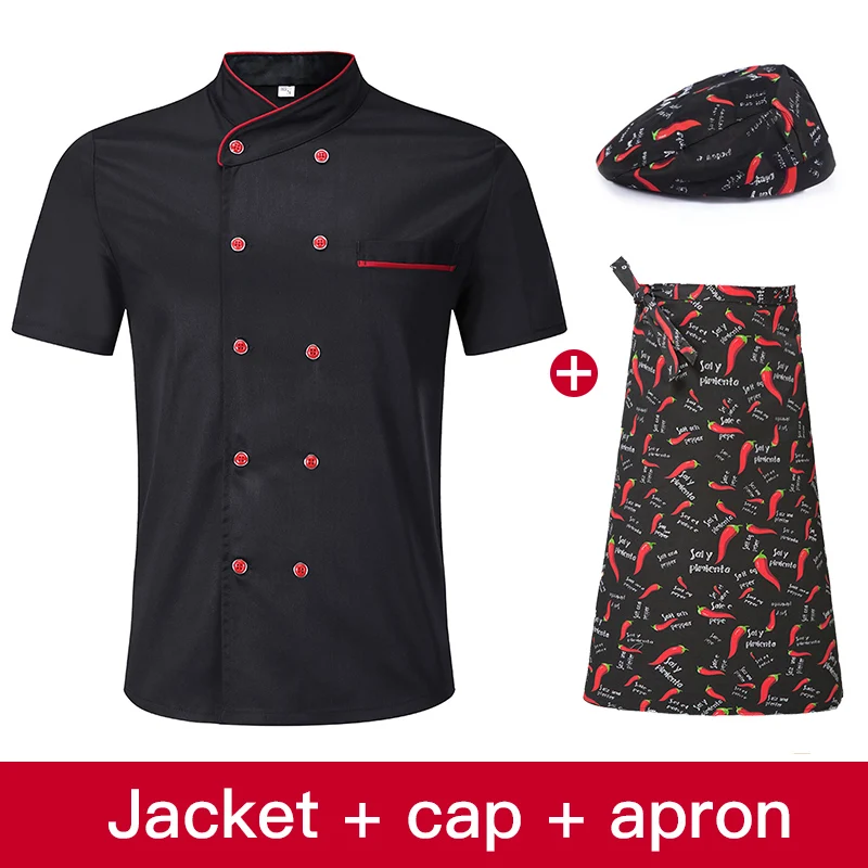 Jacket apron hat Унисекс, форма для ресторана, для хлебобулочных продуктов, с коротким рукавом, дышащая, двубортная, новая, для шеф-повара, Униформа, одежда для приготовления пищи - Цвет: Jacket apron hat