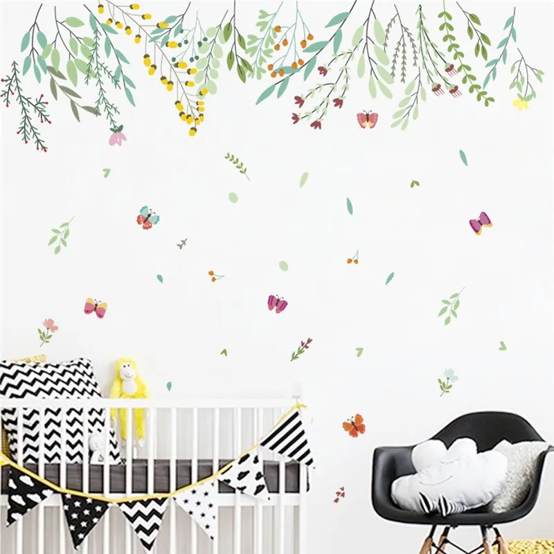 Креативные настенные наклейки с зеленым растением и цветком для детских комнат