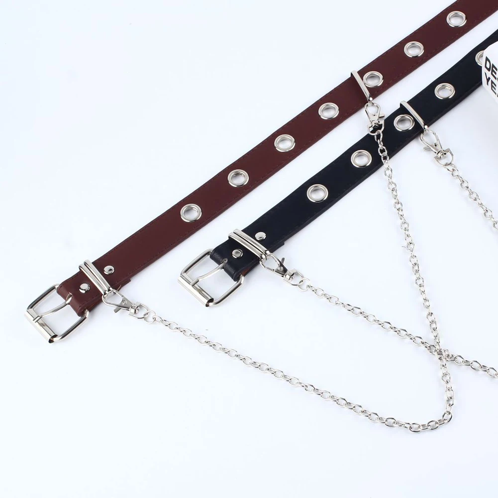 

2019 Fashion Punk Chain Belt 100cm Adjustable Double/Single Eyelet Grommet Leather Square Buckle Waist Belt Jean Decor Waistband