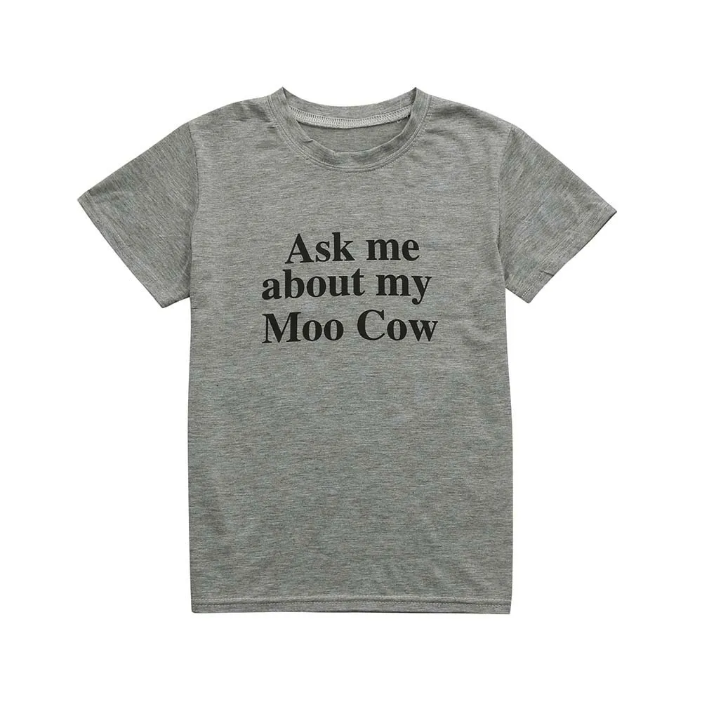 Детская футболка с надписью «ASK ME ABOUT MY MOO COW» Мягкие топы с надписью «Cow Inside» для маленьких мальчиков и девочек, Милая футболка