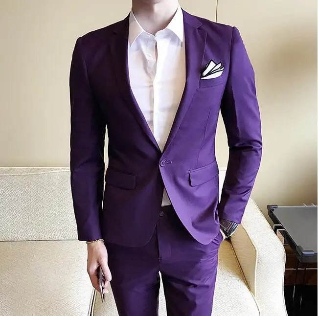 Purple 1 Button Куртки+ брюки/ Лидирующий бренд жениха свадебное платье формальный костюм 2 шт/мужские однотонные тонкие деловые случайные костюмы - Цвет: Purple 1 Button