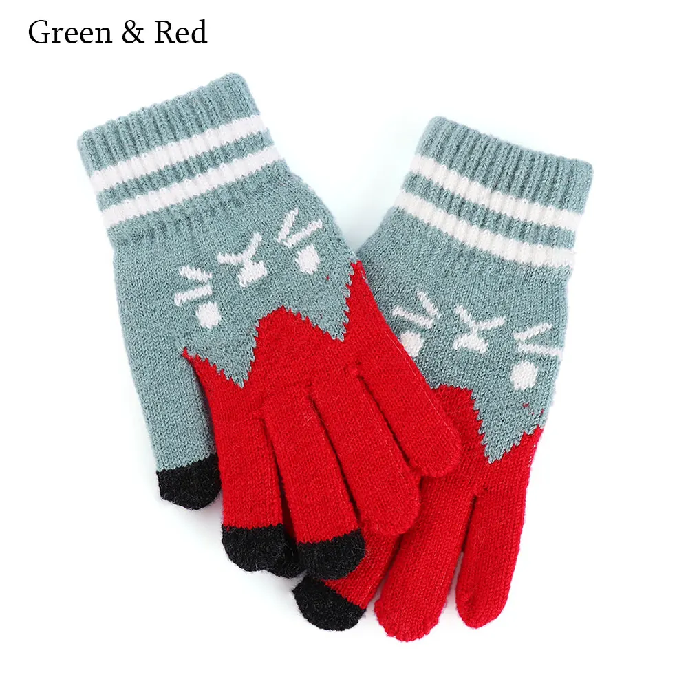 green red Зимние модные перчатки с сенсорным экраном для женщин и девушек, милые шерстяные вязаные рукавицы с рисунком кота для девочек на Рождество - Цвет: green red