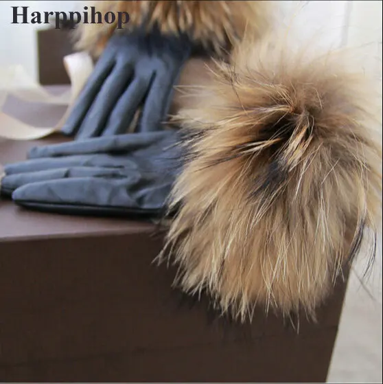 2021 new  Real Raccoon Fur Gloves Leather Women's Gloves Fashion Luxury Big Raccoon Fur Sheepskin Genuine Leather Gloves Female
