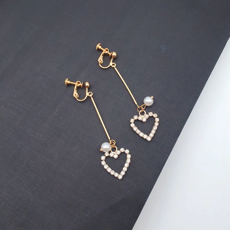 Korea long clip-on earrings imitation pearl heart clip on earing women clips no hole | Украшения и аксессуары