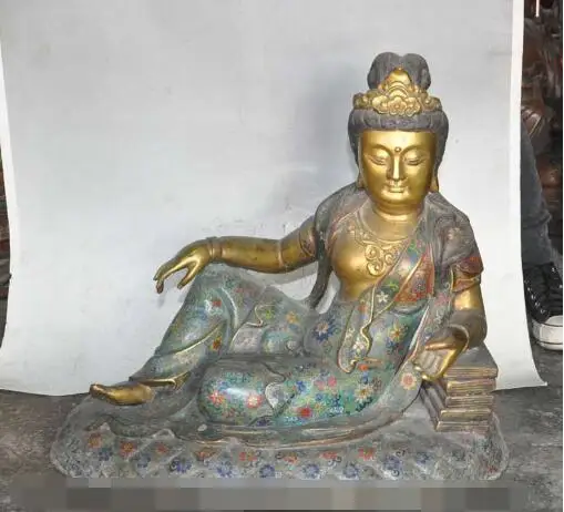 S3267 китайский буддийский клойсон эмаль бронзовая позолоченная книга Kwan Yin статуя