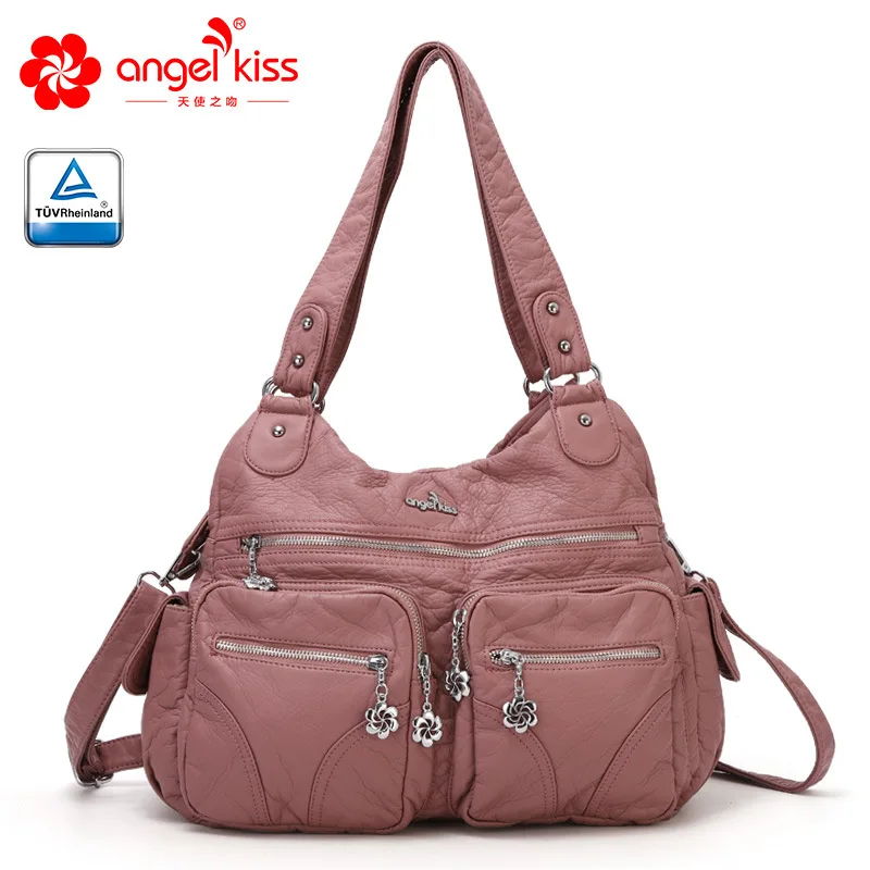 Pink Angelkiss вместительные модные женские сумки Хобо, дамская сумочка, сумка-портфель, сумки на плечо, тоут, моющаяся кожаная сумка - Цвет: Pink