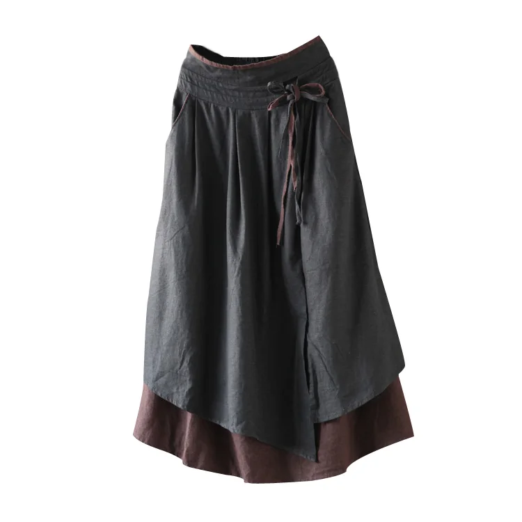 Mori Girl Faux Two Piece Cotton Linen Skirt 2018 Autumn Winter Vintage Female New High Wasit Drawstring Long Maxi Women | Женская одежда