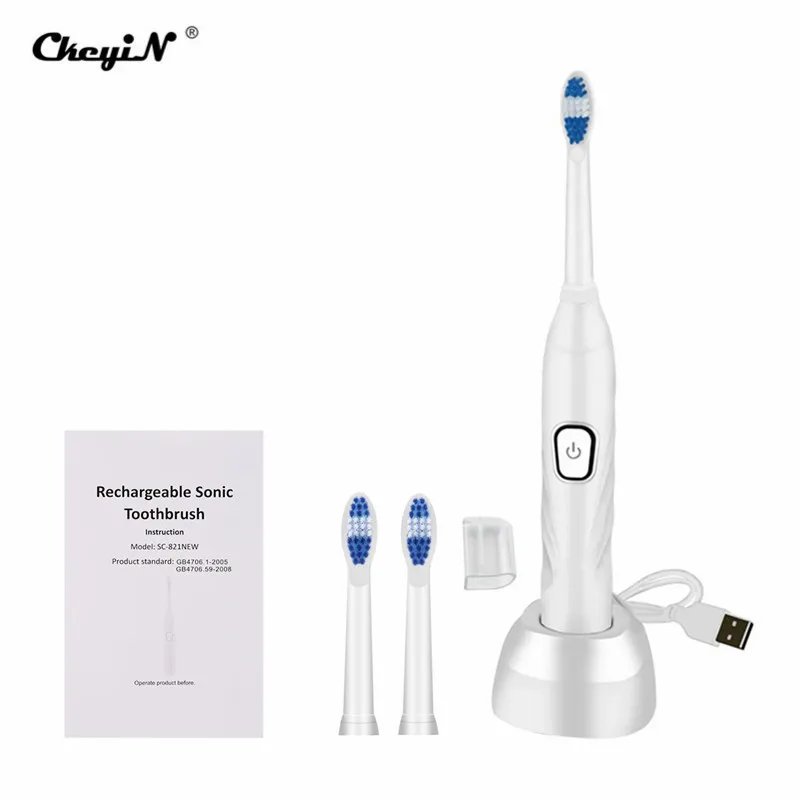 White Звуковая электрическая зубная щетка USB зарядное устройство перезаряжаемая зубная щетка 2 Сменные головки 3 режима очистки Водонепроницаемый Таймер зубочистка - Цвет: White