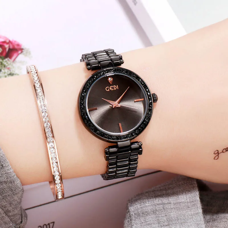 GEDI Rosegold для женщин часы кварцевые леди платье водостойкие женские модные Элитный бренд s наручные - Цвет: Black