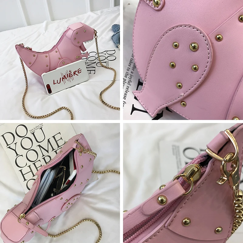 

NYHED 2019 Women Rivet Handbags Novelty Special Dinosaur Chains Shoulder Bag