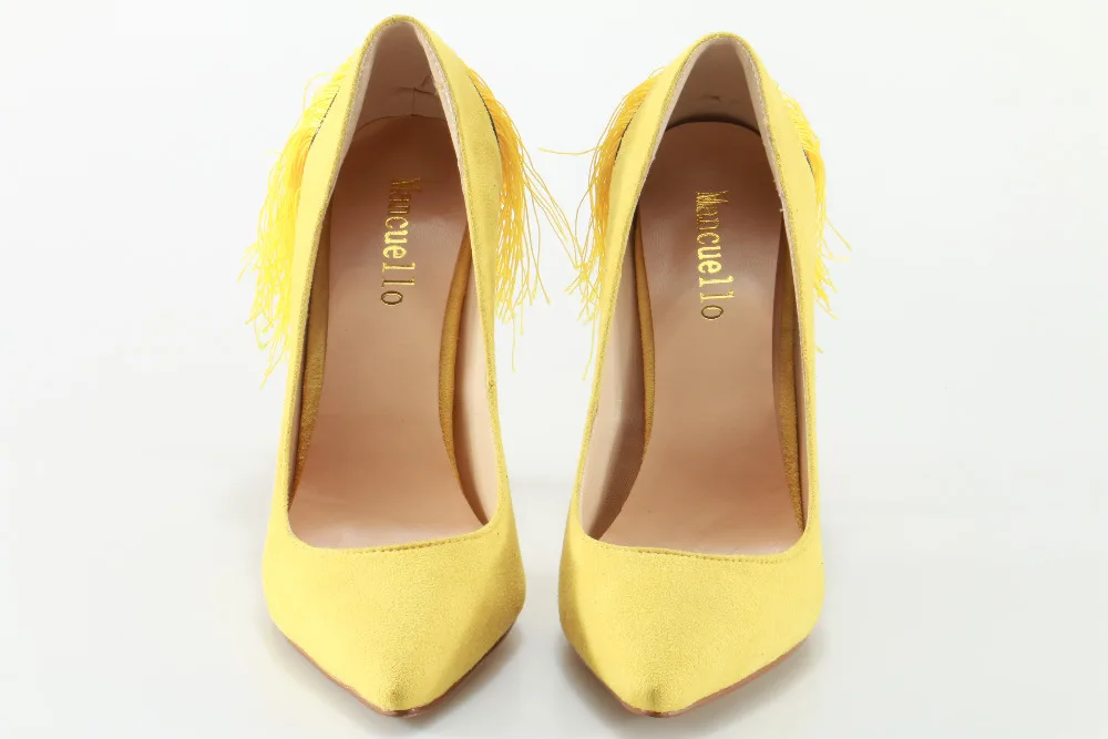 Mancuello/желтый кисточки высокая женская обувь на каблуках Туфли каблуке с бахромой