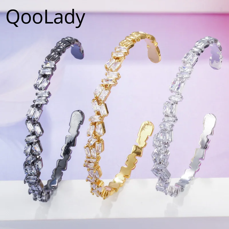 

QooLady Fashion Adjustable Size White Cubic Zirconia Gold Color Irregular Open Cuff Jewelry Bangles Bracelets for Women K001