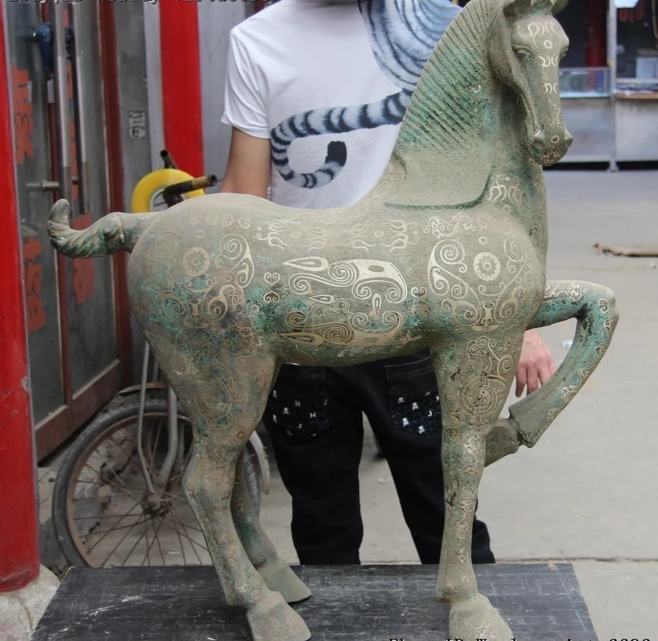 34" Chinese Dynasty Bronze Copper Silver-Gilt War-horse Fine Horse Steed Statue