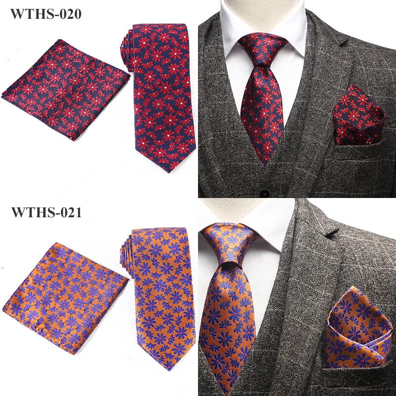 Tailor Smith Necktie and Hankerchief Set Dot Animal Wolf Shark Floral Tie Set 7.5CM Microfiber Woven Suit Tie with Pocket Square