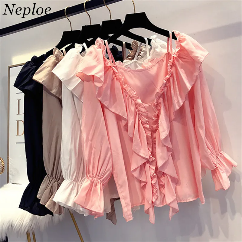 Neploe косой вырез с оборками однотонные Блузы длинным рукавом шикарная шифоновая