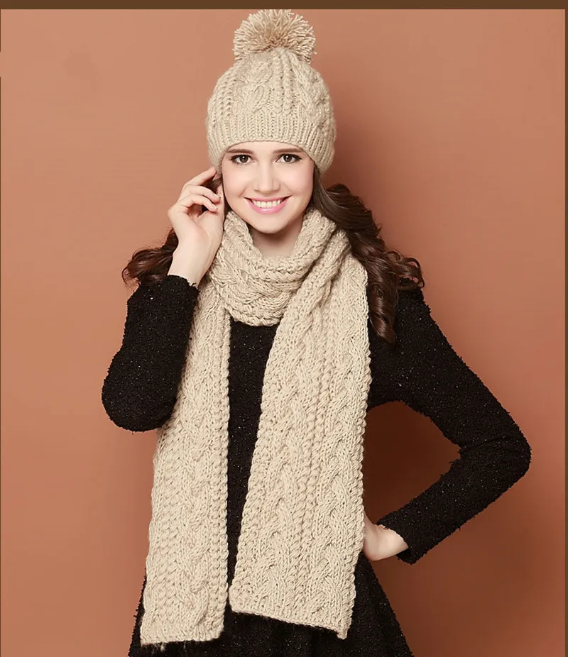 Женская вязаная шапка BomHCS однотонная теплая и шарф ручной работы вязаные крючком