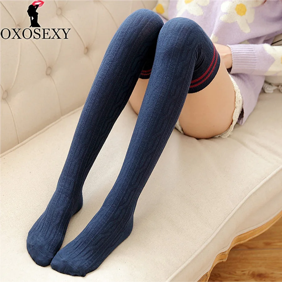 

7 color Black white Stripe Knitted Cotton student stockings Women High Over The Knee Thigh High stockings sexy lingerie 044