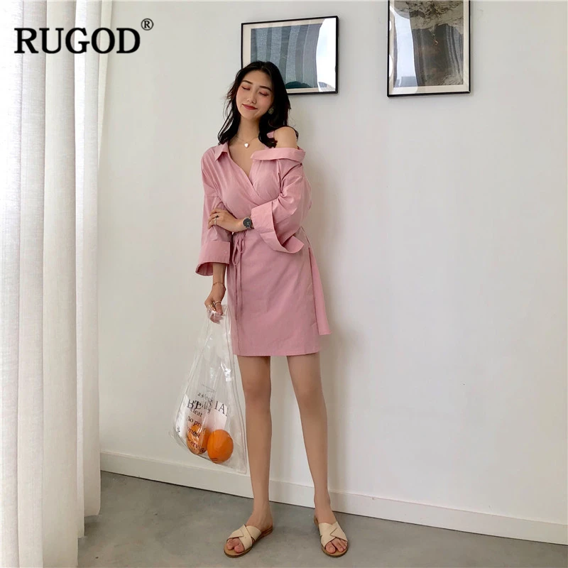 Женское повседневное асимметричное платье-рубашка Rugod розовое и бежевое
