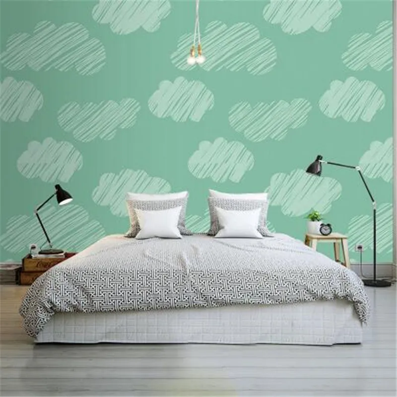 

Cartoon Wallpapers Green Wallpaper for Kids Room Custom Wall Papers Home Decor White Clouds Photo Wallpapers for Living Room