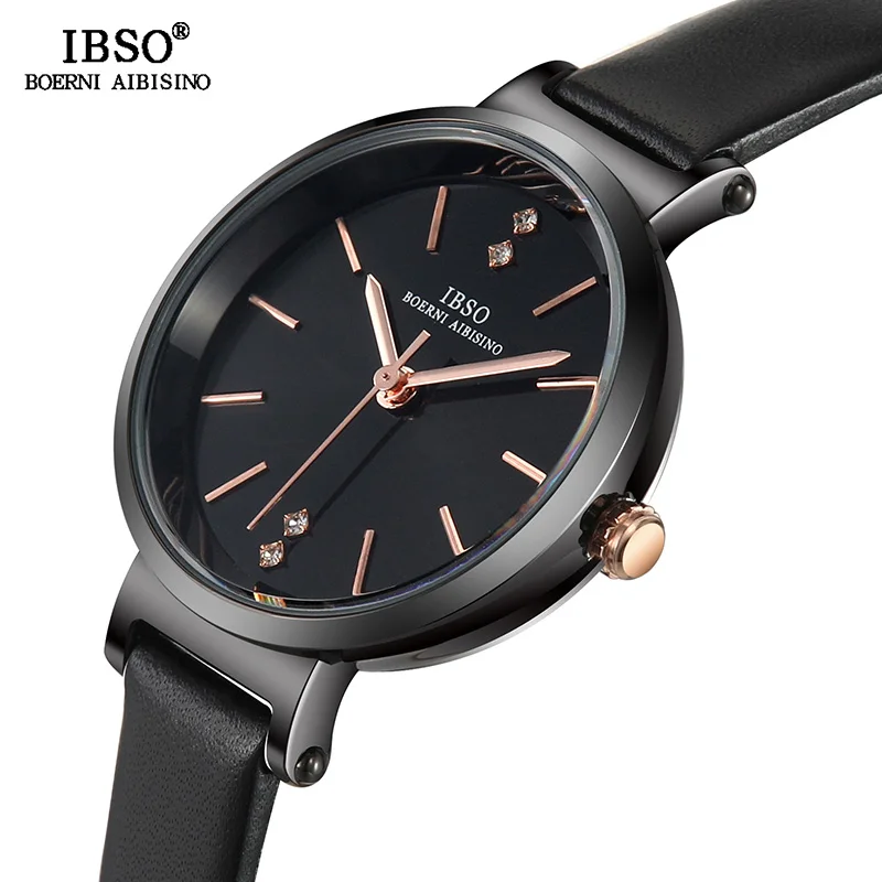 

IBSO Simple Crystal Women Quartz Watches Black Genuine Leather Strap Ladies Quartz Watch Hours Women Waterproof Montre Femme