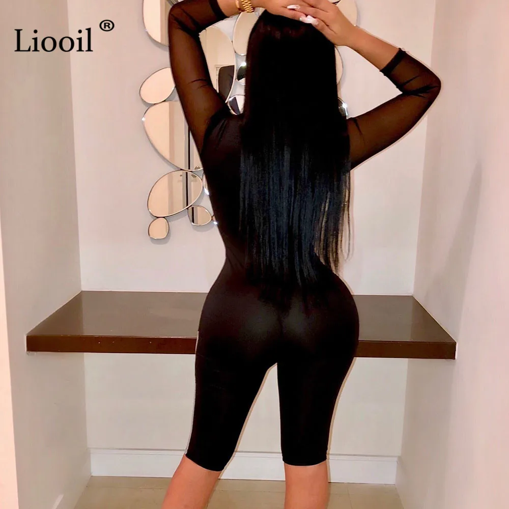 Liooil лоскутное из ПУ-сетки обтягивающие сексуальные комбинезоны для женщин длинный рукав молния цвет блок вечерние Клубные Комбинезоны женские s комбинезон