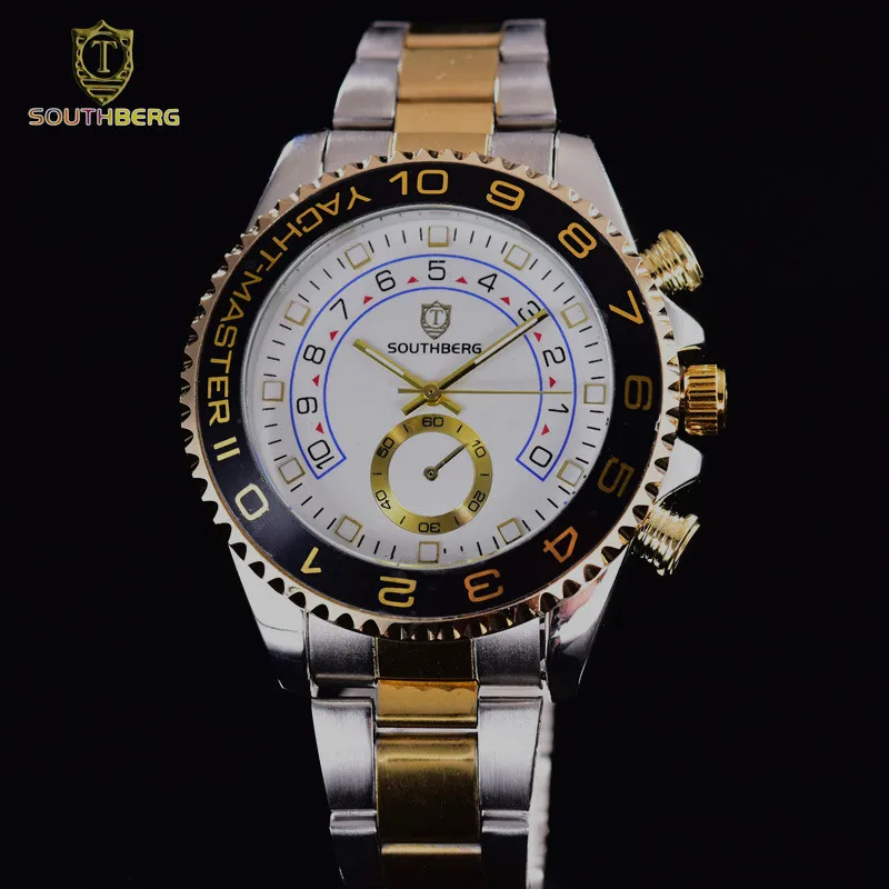 

2017 SOUTHBERG Gold Watch Men Rotatable Bezel Sapphire Glass Stainless steel Band Sport Quartz WristWatch reloj relogio 44MM