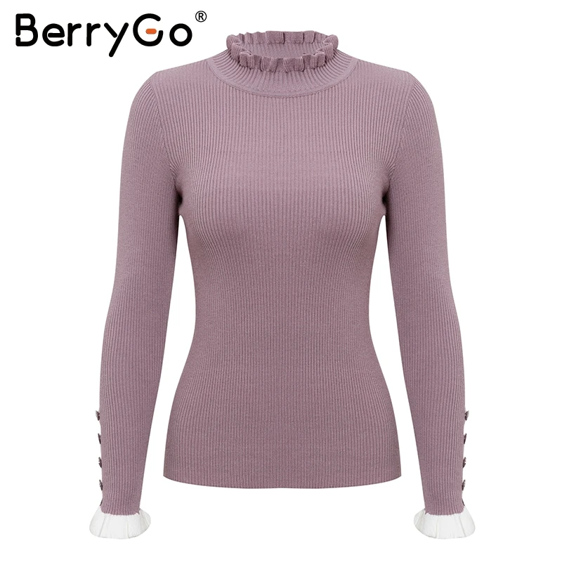 BerryGo Black ruffled women knitted sweater Long sleeve striped button female pullover jumper Turtle neck office ladies sweaters | Женская