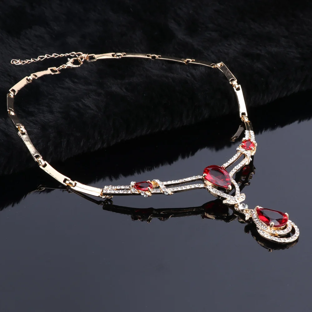 OEOEOS винтажная Капля воды красный гранат Золотой Цвет Ювелирные наборы серьги