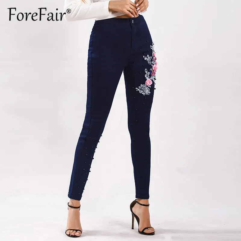

Женские джинсы с высокой талией и 3D вышивкой Forefair, узкие штаны-карандаш стрейч из денима размера плюс, 2019