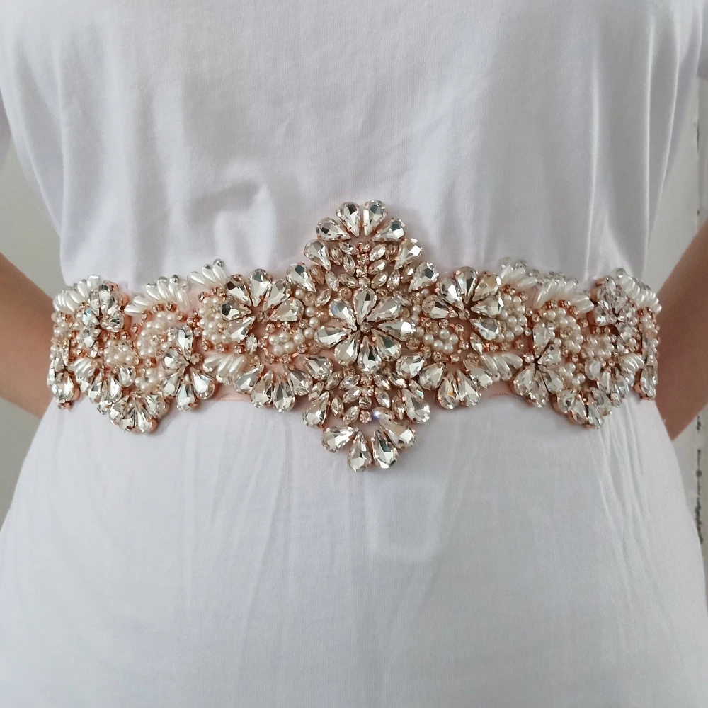 Yanstar жемчужный Свадебный ремень серебряные стразы ручной работы розовое золото