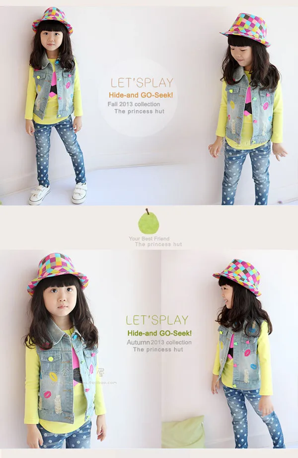 Модный детский весенний джинсовый жилет 2017 ковбойский для девочек голубой Kiss Mouth