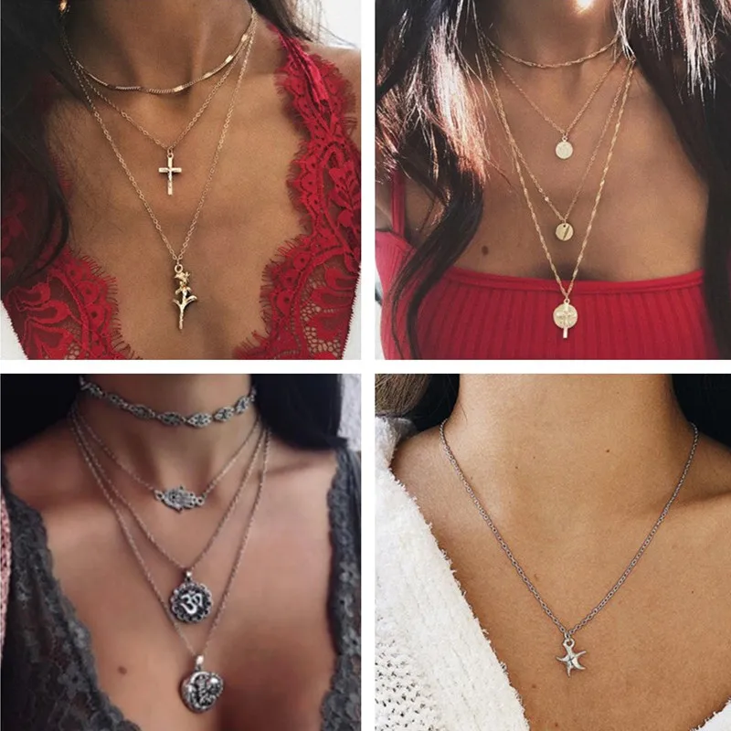 Seblasy винтажное многослойное ожерелье с Луной бесконечность Хамса ручное сердце