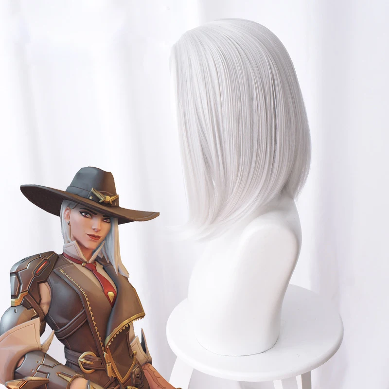 OW New Hero Cosplay Hair Эш Косплей головные уборы игры Overwatch 35 см серебристо белые